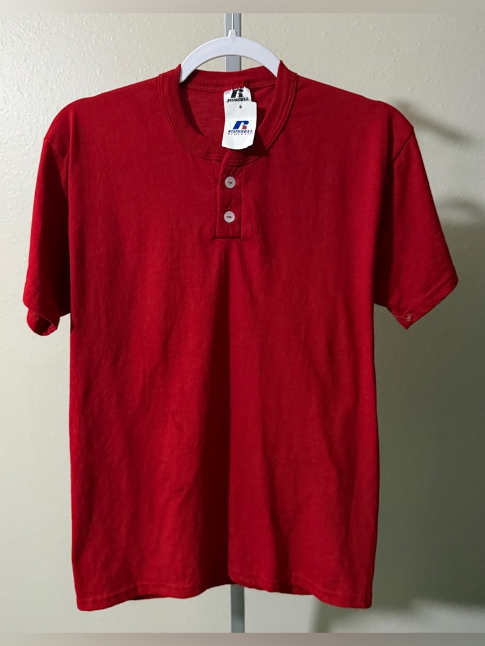 Men’s Russell Athletic Red Short Sleeve Henley Tee Shirts, Size S